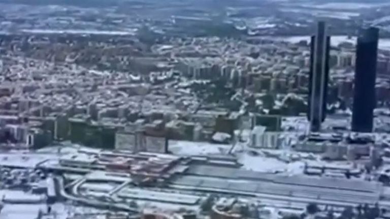 Madrid coated in snow, seen from above 