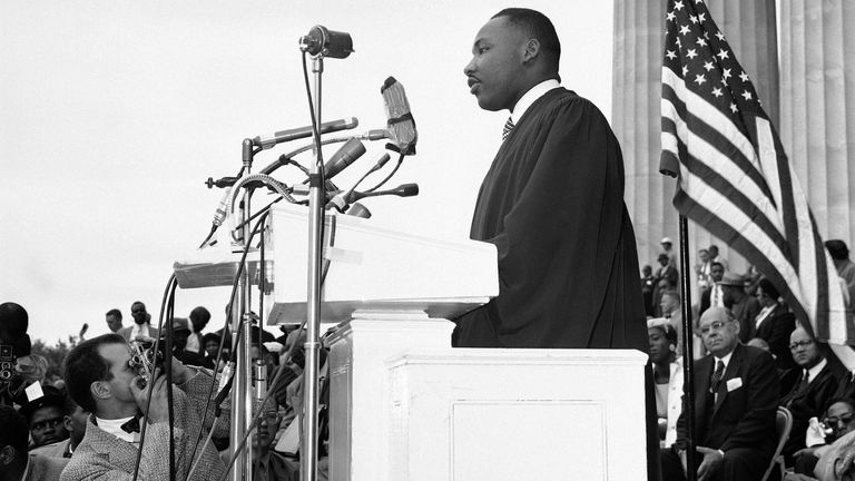The Rev. Martin Luther King Jr., of Montgomery, Alabama speaks at a mass demonstration before the Lincoln Memorial in Washington as civil rights leaders called on the government to put more teeth in the Supreme Court&#39;s desegregation decisions, May 17, 1957. King said both Democrats and Republicans have betrayed the cause of justice on civil rights questions. (AP Photo/Charles Gorry)