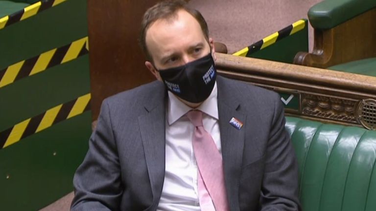 Health Secretary Matt Hancock wears a mask in the House of Commons