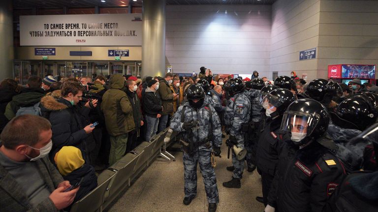 Law enforcement officers stand guard before the expected arrival of Russian opposition leader Alexei Navalny on a flight from the German capital Berlin at Vnukovo International Airport in Moscow, Russia January 17, 2021