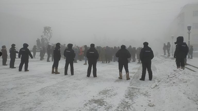 Protesters gathered in support of Mr Navalny in temperatures on -50C in Yakutsk. Pic: Ksenia Korshun/via REUTERS