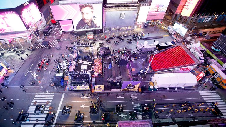 Revellers sit in their pods in Times Square on New Year&#39;s Eve 