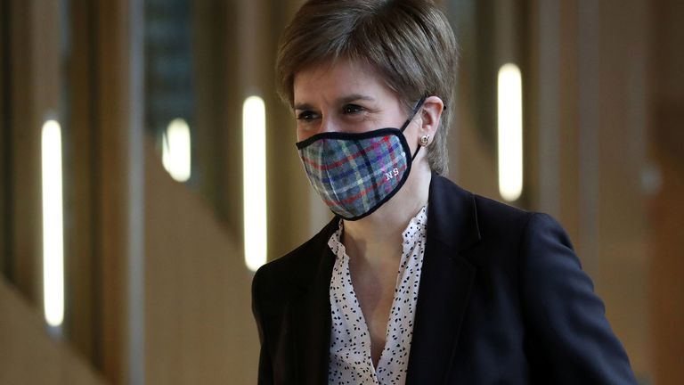 Scottish First Minister Nicola Sturgeon arrives to deliver a statement at Holyrood, Edinburgh, announcing that Scotland will be placed in lockdown from midnight for the duration of January with a legal requirement to stay at home except for essential purposes, Scotland, Britain January 4, 2021. Andrew Milligan/Pool via REUTERS
