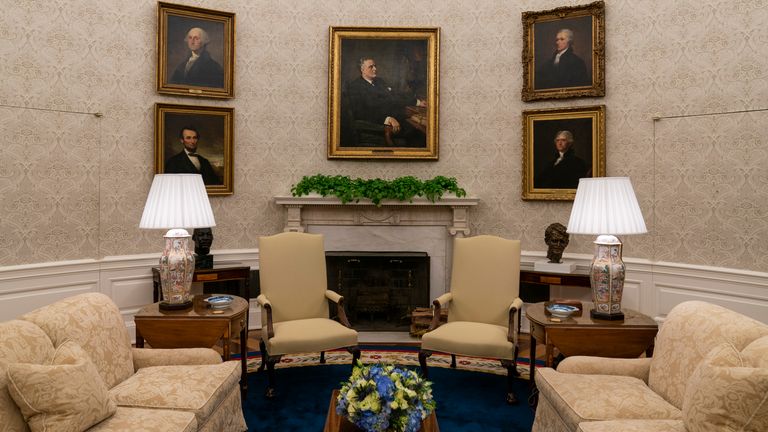 The Oval Office of the White House is newly redecorated. Pic: AP