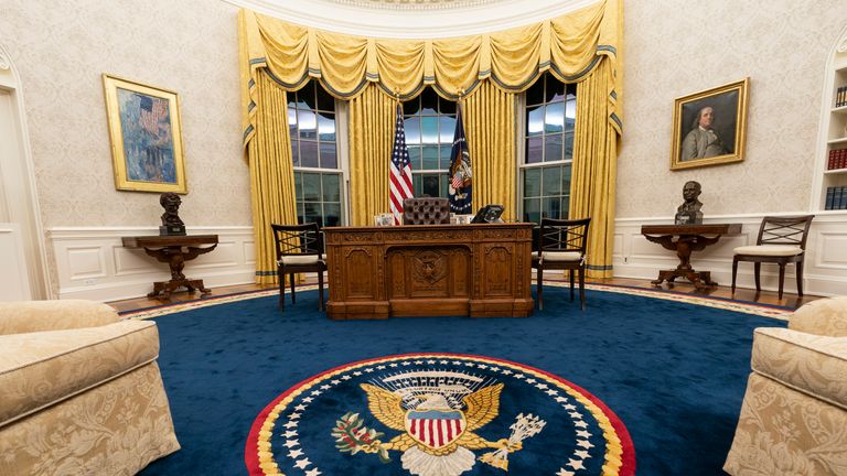 Joe Biden&#39;s new-look Oval Office. Pic: AP