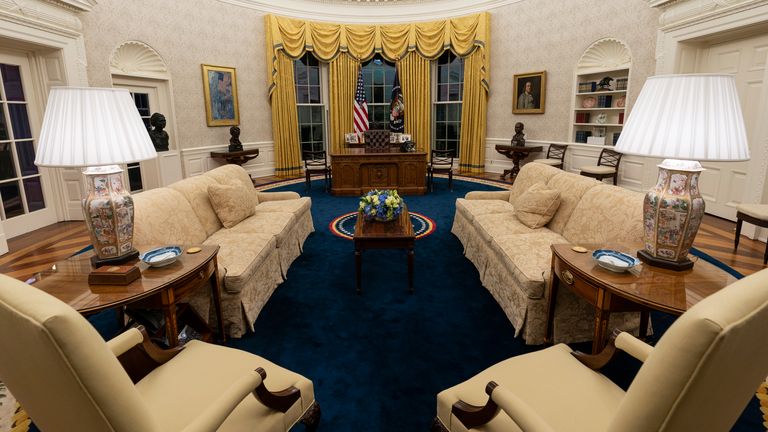 The Oval Office of the White House is newly redecorated. Pic: AP