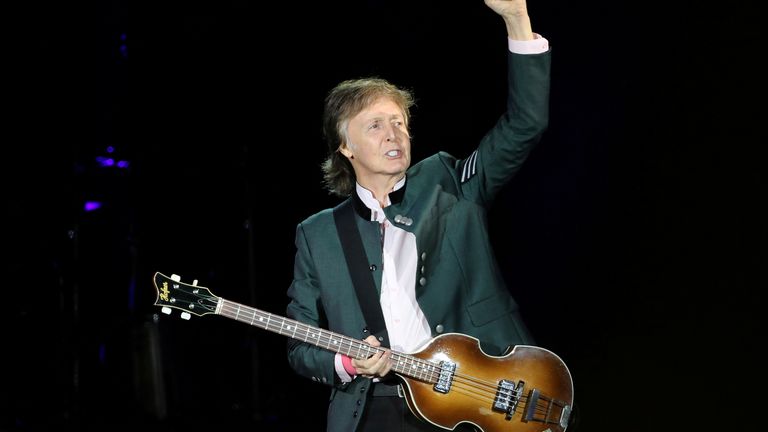 British musician Paul McCartney performs during the "One on One" tour concert in Porto Alegre, Brazil October 13, 2017
