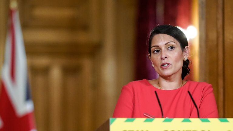 Handout photo issued by 10 Downing Street of Home Secretary Priti Patel, during a media briefing in Downing Street, London, on coronavirus (COVID-19) in May.