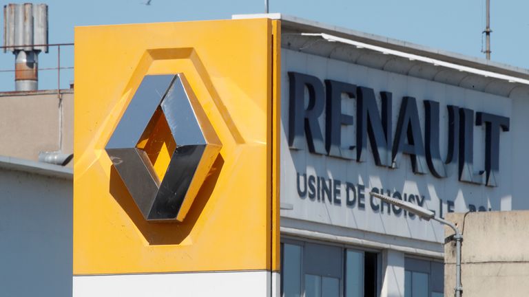 A Renault logo is seen at the main entrance of the Renault factory in Choisy-le-Roi near Paris, France, May 29, 2020.