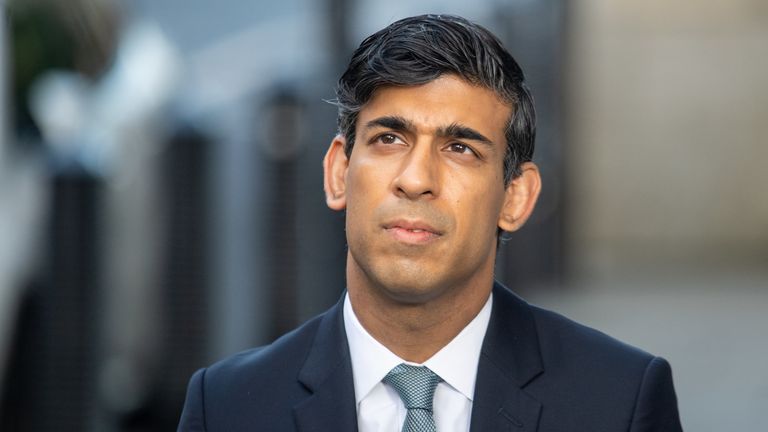 Chancellor of the Exchequer Rishi Sunak is interviewed via videolink for Sky News&#39; Sophy Ridge on Sunday, outside BBC Broadcasting House in central London.