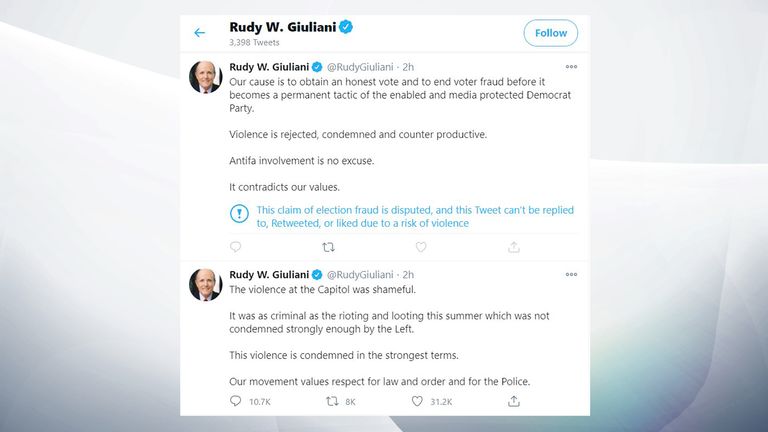 Tweets sent by Rudy Giuliani, the morning after the violence at the Capitol building