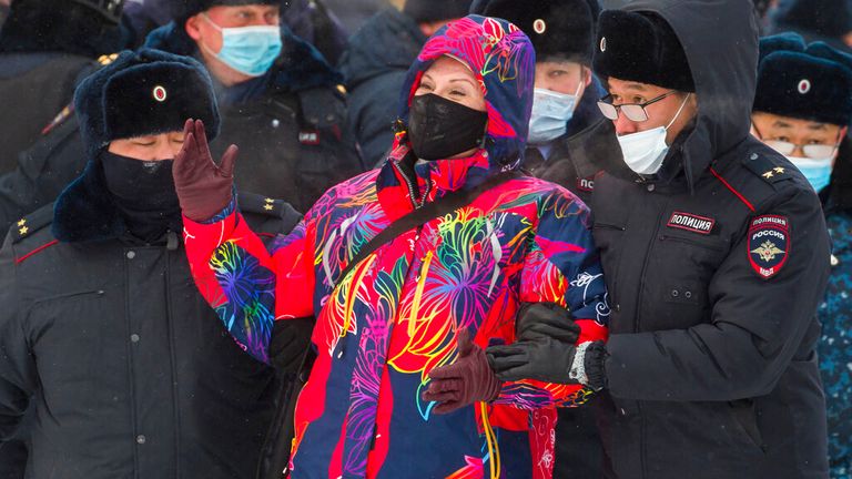 A protester is arrested during rallies in Ulan-Ude, the regional capital of Buryatia. Pic: Associated Press