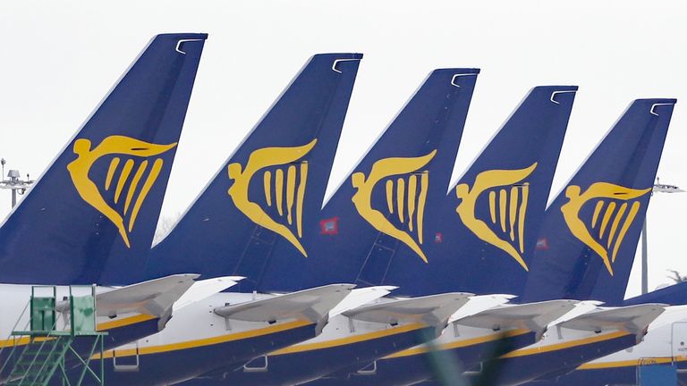 Les avions de Ryanair bordent un terminal.  La compagnie aérienne a signalé une baisse de 83% du nombre de voyageurs festifs