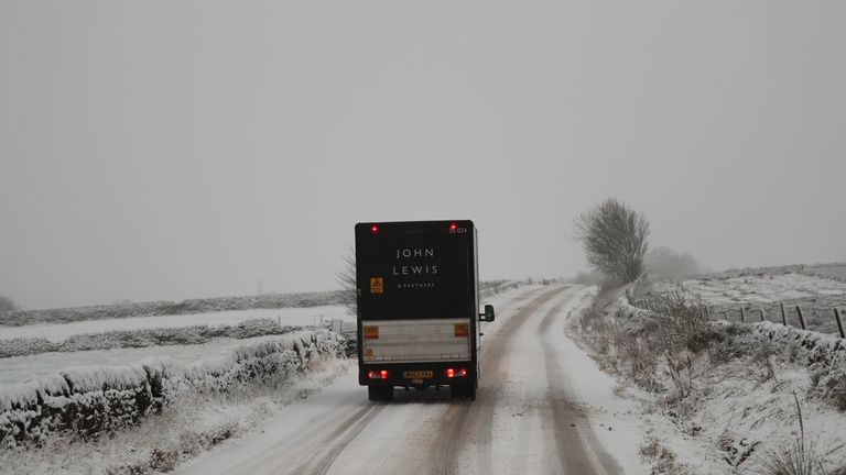 Snow blankets the roads and fields in Midhopestones, in the borough of Sheffield.