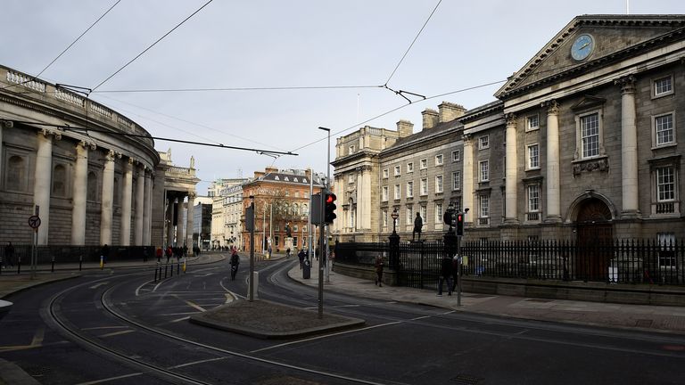 Empty streets outside Trinity College in Dublin