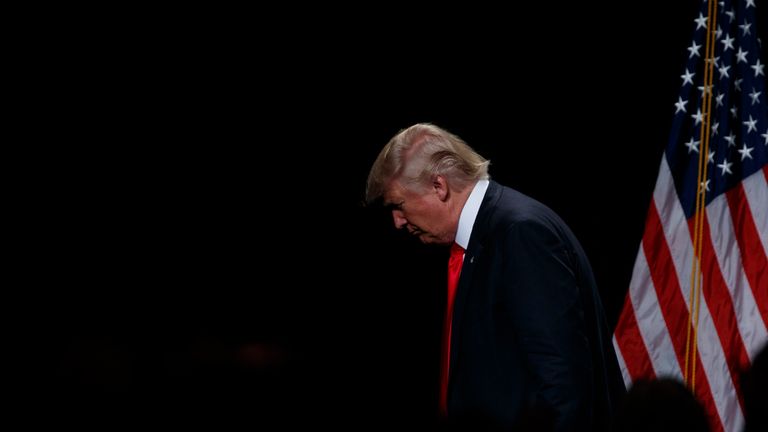 Republican presidential candidate Donald Trump leaves after giving an economic policy speech to the Detroit Economic Club, Monday, Aug. 8, 2016, in Detroit. (AP Photo/Evan Vucci)