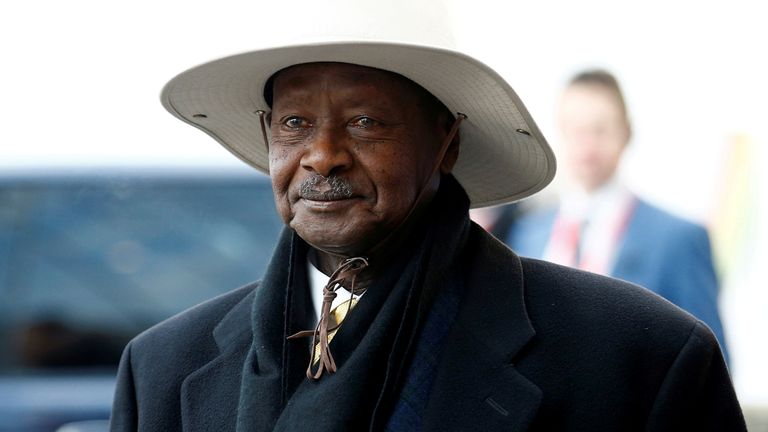 Uganda&#39;s President Yoweri Museveni arrives at the UK-Africa Investment Summit in London on 20 January 2020