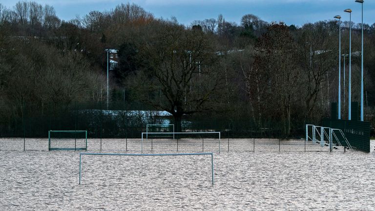 Parrs Wood High School playing fields are flooded after the River Mersey rose high in Didsbury, Manchester, as Storm Christoph causes widespread flooding across the UK. Picture date: Thursday January 21, 2021.