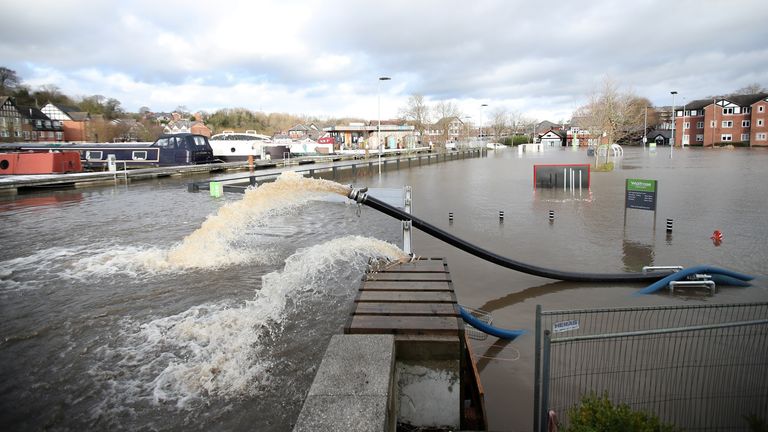 Water is pumped out from a car park during a flood after the river Weaver burst banks in Northwich, Britain, January 21, 2021. REUTERS/Molly Darlington
DOWNLOAD PICTURE
Date: 21/01/2021 12:39
Dimensions: 5260 x 3435
Size: 4.7MB
Edit Status: new
Category: I
Topic Codes: UK WEA DIS EUROP
Fixture Identifier: RC2CCL9GCBJT
Byline: MOLLY DARLINGTON
City: NORTHWICH
Country Name: United Kingdom
Country Code: GBR
OTR: GDN
Source: REUTERS
Caption Writer: MMA/SEC
Source News Feeds: Reuters Marketplace - RP