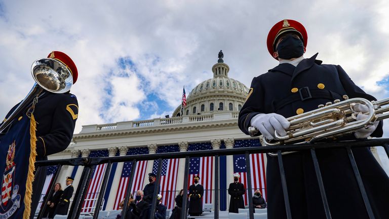 Members of the U.S. Army Band wait before President-elect Joe Biden’s inauguration at the U.S. Capitol in Washington, Wednesday, Jan. 20, 2021. (Tasos Katopodis/Pool Photo via AP)