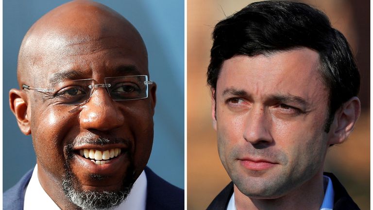 Rev. Raphael Warnock (L) will be joined in the US Senate by Jon Ossof (R)