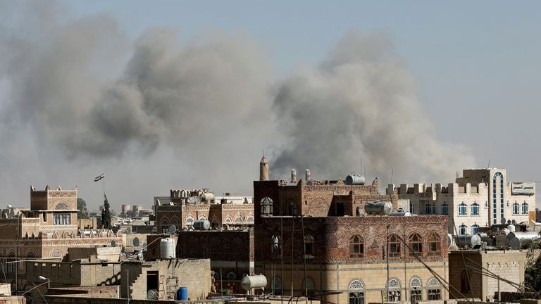 Smoke billows from the sites of Saudi-led air strikes in Sanaa