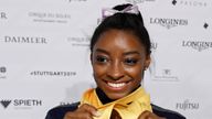 Simone Biles with the five gold medals she won at the 2019 World Artistic Gymnastics Championships