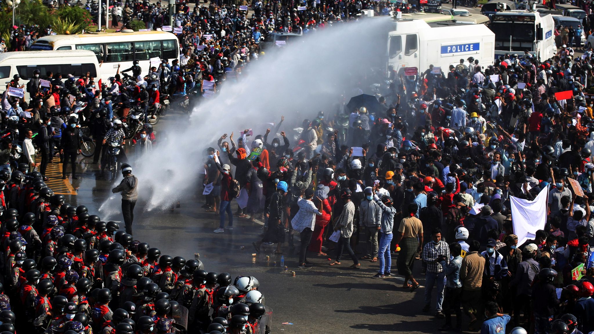 Myanmar Police Fire Water Cannon As Protests Grow Over Military Coup World News Sky News