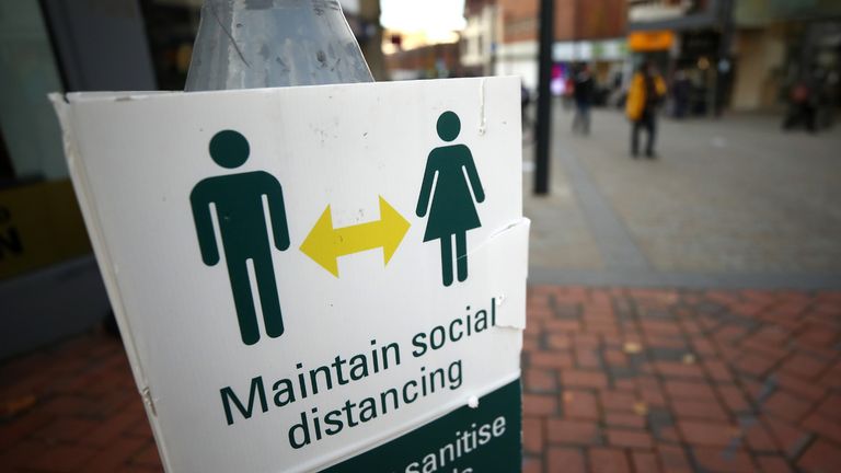 A social distancing sign in Derby city centre, ahead of a national lockdown for England from Thursday.