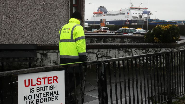 An anti-Brexit sign near the entrance to Larne Port. The DUP has rejected claims it is whipping up tensions over Irish Sea trade in an effort to get Brexit's contentious Northern Ireland Protocol ditched. Physical inspections on goods entering Northern Ireland from Great Britain, which are required under the protocol, have been suspended amid threats and intimidation of staff. Picture date: Wednesday February 3, 2021. See PA story POLITICS Brexit. Photo credit should read: Brian Lawless/PA Wire