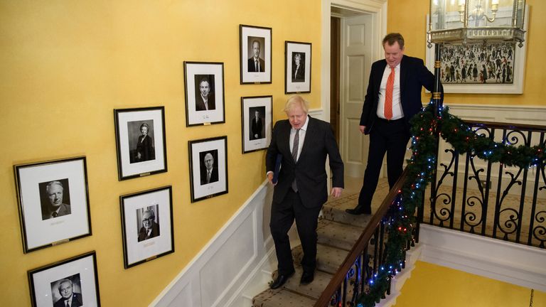 UK chief trade negotiator, David Frost (right) on the stairs of 10 Downing Street with the Prime Minister Boris Johnson after signing the EU-UK Trade and Cooperation Agreement at 10 Downing Street, Westminster.