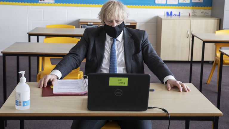 Prime Minister Boris Johnson takes part in an online class during a visit to Sedgehill School in Lewisham, south east London, to see preparations for students returning to school. Picture date: Tuesday February 23, 2021.