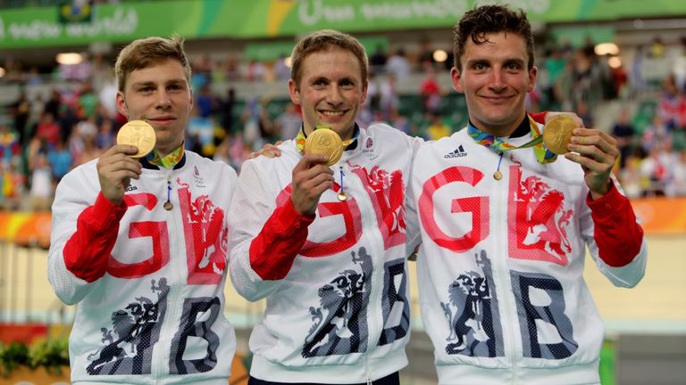 Great Britain&#39;s (L-R) Philip Hindes, Jason Kenny and Callum Skinner with their gold medals at the 2016 Olympics