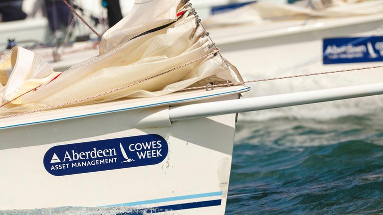 The J80 fleet start racing during day one of the Aberdeen Asset Management Cowes Week, Isle of Wight 3/8/2013