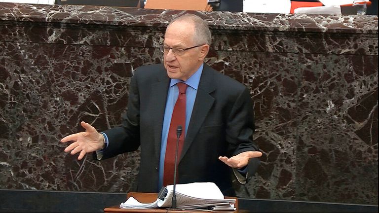 Alan Dershowitz answers a question during the impeachment trial against Donald Trump. Pic: Associated Press