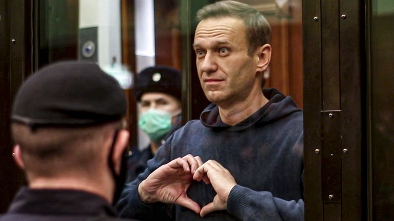 Alexei Navalny in court in Moscow. Pic: AP