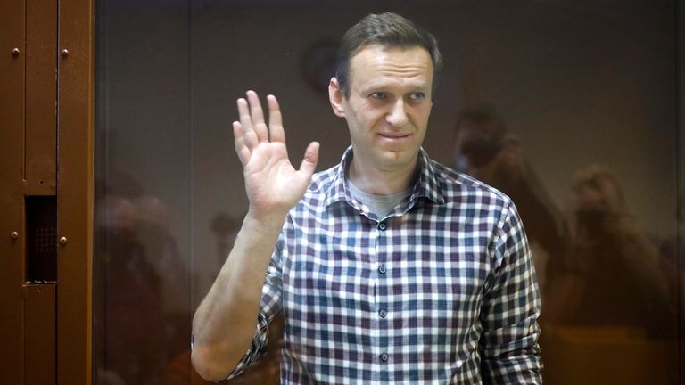 Russian opposition leader Alexei Navalny stands in the Babuskinsky District Court in Moscow, Russia. Pic: AP