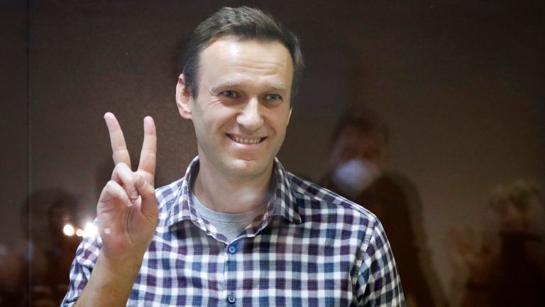 Russian opposition leader Alexei Navalny in the Babuskinsky District Court in Moscow, Russia. Pic: AP