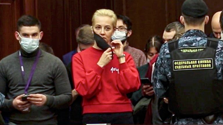 Alexei Navalny&#39;s wife Yulia in court. Pic: AP