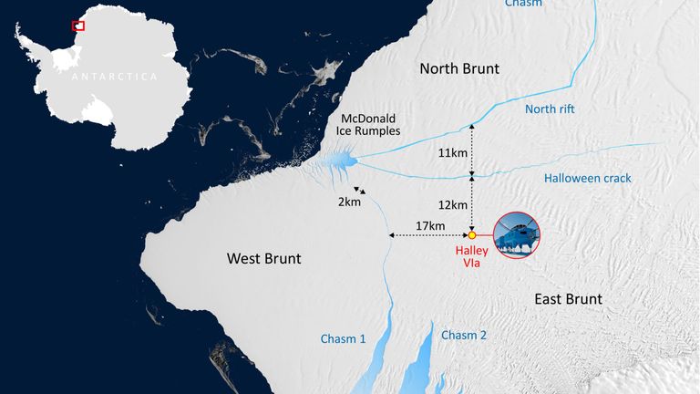 A graphic showing where the Brunt Ice Shelf is on Antarctica. Pic: British Antarctic Survey