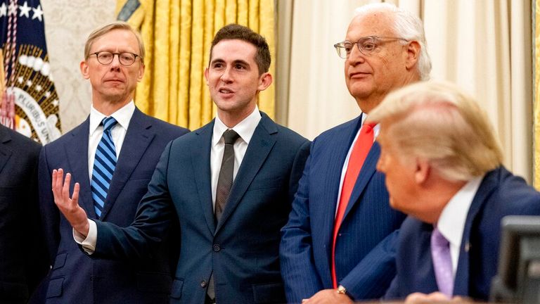 Avraham Berkowitz speaking in the Oval Office at the White House in August