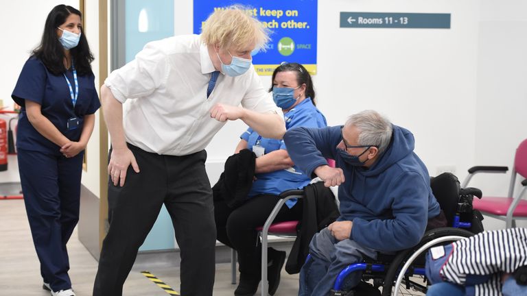 Prime Minister Boris Johnson meets Tony Garrett during a visit to a coronavirus vaccination centre at the Health and Well-being Centre in Orpington, south-east London. Picture date: Monday February 15, 2021