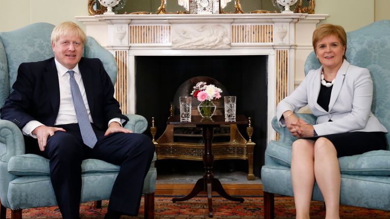 Scotland&#39;s First Minister Nicola Sturgeon with Prime Minister Boris Johnson in Bute House in Edinburgh ahead of their meeting