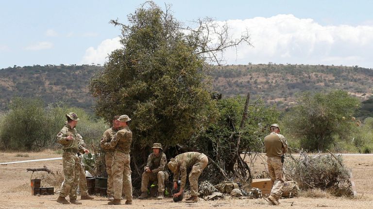 Soldiers are seen during a training session under the British Army Training Unit Kenya (BATUK), at a camp in Laikipia