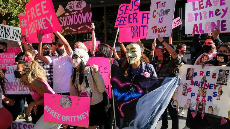Supporters of Britney Spears take part in a #FreeBritney protest outside Stanley Mosk Courthouse on November 10 2020 in Los Angeles

