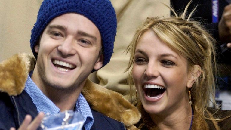 Britney Spears and Justin Timberlake at the 2002 NBA All-Star game at the Philadelphia Convention Center