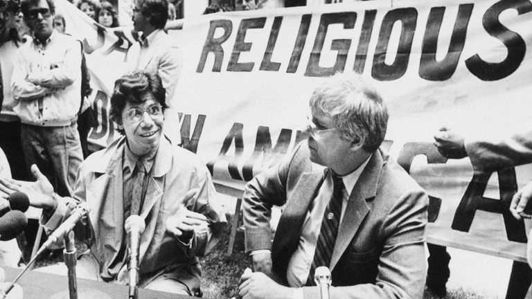 Pic: AP
Jazz pianist Chick Corea, left, a member of the Church of Scientology, tells a Portland, Ore., news conference he supports his church&#39;s protest of a $39 million fraud judgment awarded a former church member, May 20, 1985. The Rev. Heber Jentzsch, president of the Church of Scientology International, is at right. (AP Photo/Don Ryan)