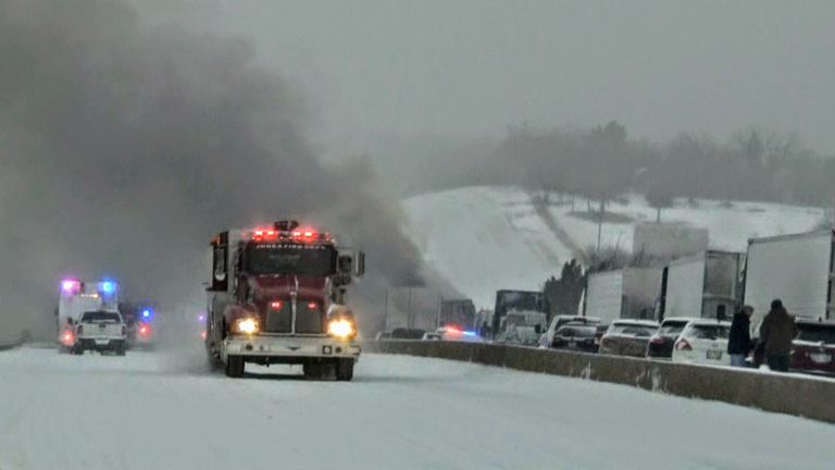 Snow and ice blanketed large swaths of the US, prompting cancelled flights and making driving perilous.