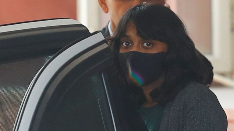 Disha Ravi leaves after an investigation at the National Cyber Forensic Lab in New Delhi