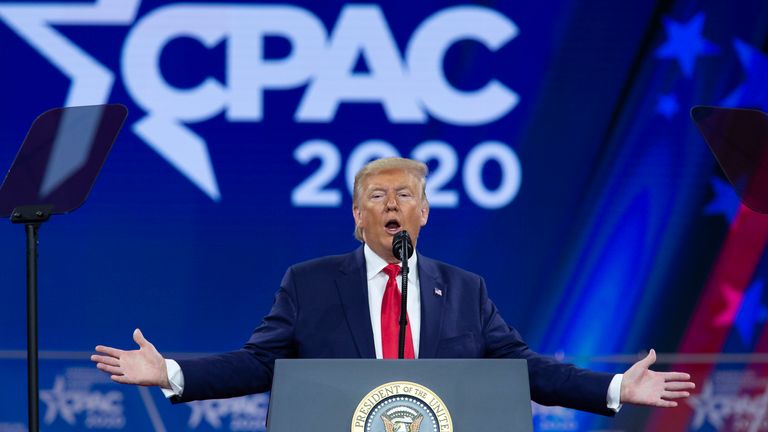 Donald Trump addresses the Conservative Political Action Conference in 2020. Pic: AP